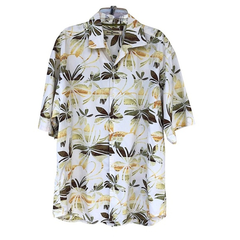 Tommy Bahama Silk Cotton Blend Yellow Green Short Sleeve Button Down Shirt L